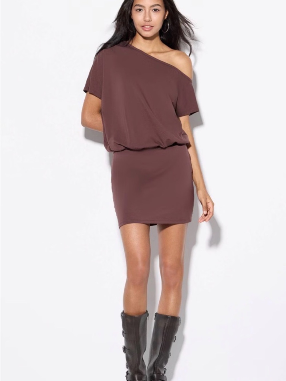 wild fable One-Shoulder Blouson Mini Dress in Mauve Brown